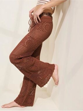 aerie Brown Crochet Wide-Leg Drawstring Pants